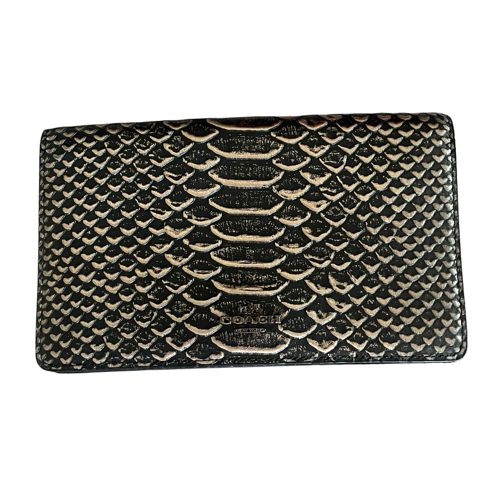 COACH 56283 Black Exotic Snake Embossed Leather Textured Accordion Zip Wallet
